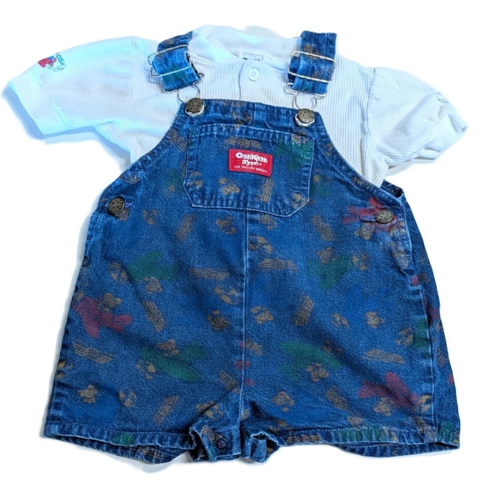 Vintage OshKosh B'Gosh VestBak Shortalls Overalls, Bears Planes, Faded, Size 2T